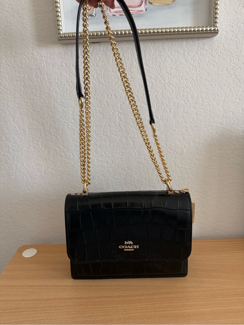 COACH Klare Black Croc-Embossed Leather Shoulder Bag with Gold Chain - Picture 1 of 6